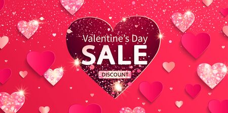 Valentine's day sale banner with glitters and shiny hearts. Discount offer with pink abstract background, papercut heart, shimmer, ornaments.Template for flyer, invitation for february 14.Vectorのイラスト素材