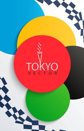 Flyer for sport games in 2020. Colored rings as symbol for international competition in summer Tokyo. Template for brochure, card, poster, banners. Vector illustration for game in Japan.のイラスト素材