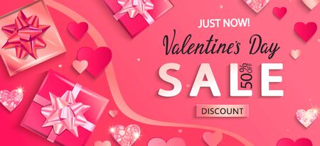 Just now sale banner for Valentines day clearance. Only now 50 percent discounts.Poster with glitters, shiny hearts, gifts,shimer.Template for flyer, invitation for february 14.Vector illustration.のイラスト素材