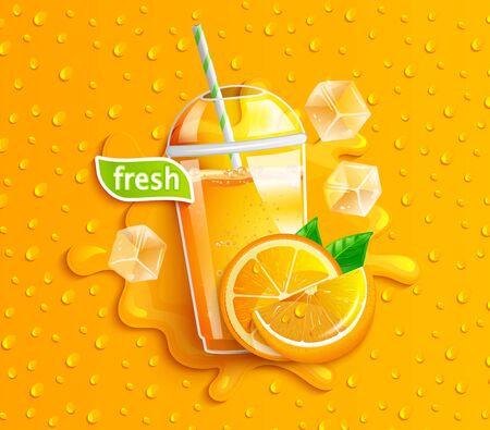 Fresh orange juice with ice and fruits, splash and apteitic drops from condensation on background, for brand,logo, template,label,emblem,store,packaging,advertising.Vector illustration.のイラスト素材