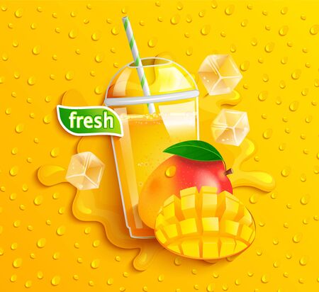 Fresh mango juice with ice and slice fruits, splash and apteitic drops from condensation on background, for brand,logo, template,label,emblem,store,packaging,advertising.Vector illustration.のイラスト素材