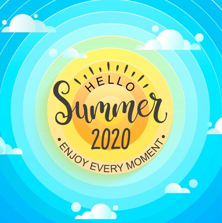 Hello Summer 2020. Greeting banner for summertime with sun, sky and clouds. Template for card, wallpaper,flyer,invitation, poster,brochure.Vector illustration.のイラスト素材