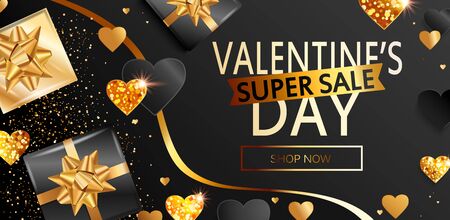 Super sale banner for Valentines days.Shop now and get discounts.Gold and black poster with glitters, shiny hearts, gifts,shimer.Template for flyer, invitation for february 14.Vector illustration.のイラスト素材