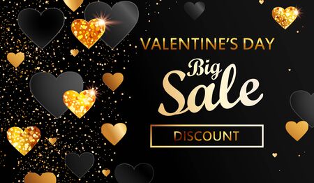 Banner for Valentines day big sale.Discount card with place for text.Poster in Gold and black with glitters,shiny hearts,shimer,sparkle.Template for flyer,invitation for holiday.Vector illustration.のイラスト素材