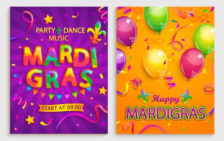 Set of flyers for carnival party.Confetti,balloons,flags for holiday. Mardi gras festive,carnival. Party,dance,music on festival,masquerade,parade.のイラスト素材