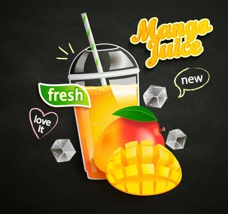 Fresh mango juice with ice and fruit on blackboard background. Delicious smoothie for drink in hot summer.のイラスト素材