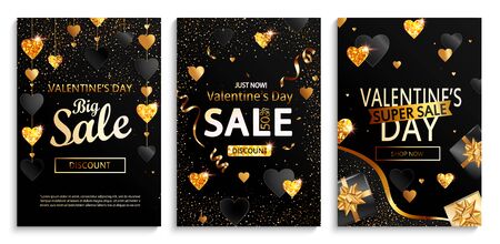 Set of flyers for Valentines day big sale.Discount cards with place for text.Posters in Gold and black with glitters,shiny hearts,shimer,sparkle.Template for invitation for holiday.Vector illustrationのイラスト素材