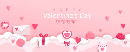 Valentines day banner with symbols of holiday-gifts,hearts,letters,flowers on pink background with wishing happy holiday, origami style.Template for flyer, invitation and greeting card for holiday.のイラスト素材