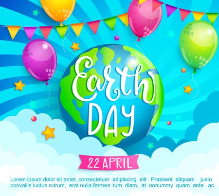 Earth Day congratulation banner for celebration holiday. Environment safety. Green planet with balloons, flags on sunburst background for cards, advertise.Eco friendly world.Ecology concept.Vectorのイラスト素材