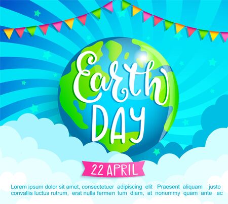 Earth Day congratulation banner. Environment safety. Planet with flags, clouds, lettering on sunburst background for cards, advertise, posters.Eco friendly world.Ecology concept.Vector illustration.のイラスト素材