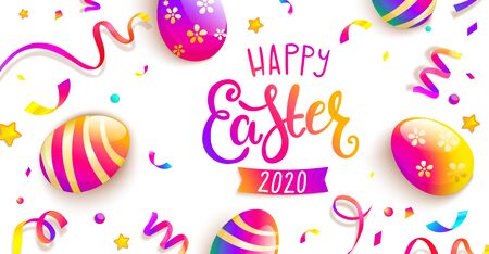Easter party greeting card. Happy holiday with beautiful painted eggs, confetti. Great for greeting poster, ad, promotion, flyer, web-banner, article. Spring Celebration Design. Vector illustration.のイラスト素材