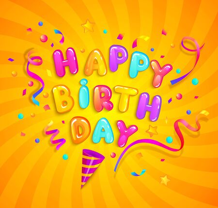Happy Birthday greeting banner with cracker and confetti on sunburst background. Design template for celebration. Great for invitation flyers, posters, cards. Vector illustration.のイラスト素材