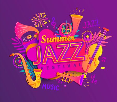 Poster for summer jazz musical festival with classic music instruments - cello, cornet, tuba, clarinet, saxophone on splash with tropical leaves. Vector illustration for music events, jazz concerts.のイラスト素材