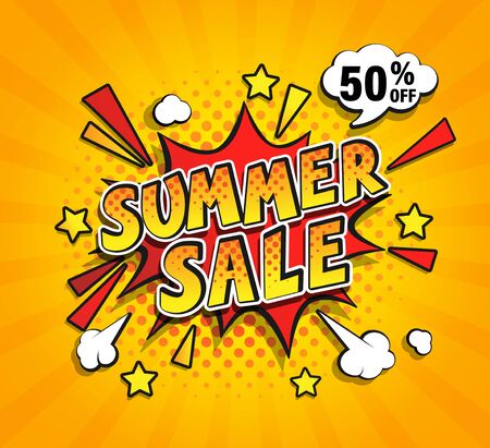 Summer sale comic speech bubble, banner for discounts. Great vintage template in retro pop art style for flyers,invitation for limited time shopping,special offer card,template for design,advertising.のイラスト素材