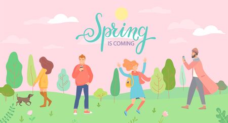 People in the spring park in different situations - playing with the dog, jumping, man with phone and hipster with coffee. Men and women in season forest. Vector illustration.のイラスト素材