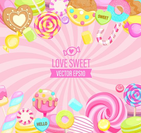 Love Sweet shop logo, with many sweets and place for text. Sunburst background with candy,macaroon,bonbon,lollypops,marshmallow,jellybean,candy cane, biscuit. Template for banner, menu,flyers. Vector.のイラスト素材