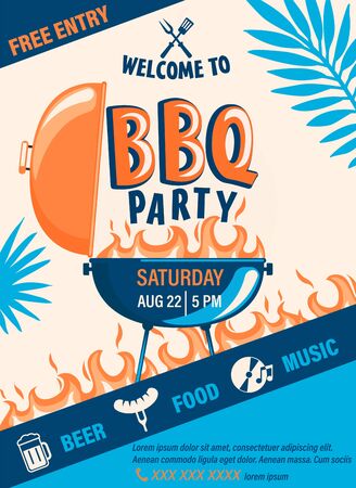 Welcome BBQ party flyer.Summer Barbecue weekend cookout event with beer,food,music.Design template for menu,poster,welcome banner, announcement.Cooking outdoor.Vector illustration.のイラスト素材