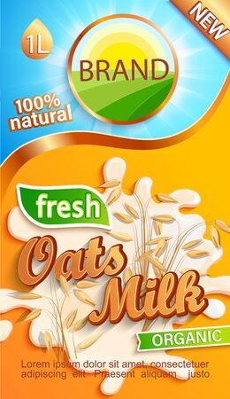 Oats milk label for your brand. Natural and fresh drink,cereals in a milk splash.Logo, sticker, emblem for stores, packaging and advertising.Template for your design.Vector illustration.のイラスト素材