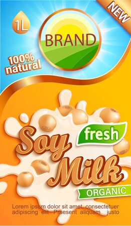 Soy milk label for your brand. Natural and fresh drink,beans in a milk splash.Logo, sticker, emblem for stores, packaging and advertising.Template for your design.Vector illustration.のイラスト素材