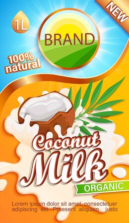 Coconut milk label for your brand. Natural and fresh drink,half a coco in a milk splash.Logo, sticker, emblem for stores, packaging and advertising.Template for your design.Vector illustration.のイラスト素材