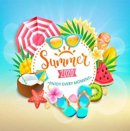 Summer 2020 greeting banner. Bright symbols of hot season - ice cream cocktail, watermelon, mango and kiwi, tropical leaves. Promo template for your design, web, advertise.Vector Illustration.のイラスト素材