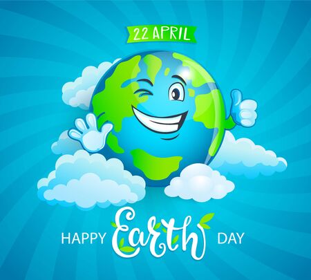 Banner for Earth Day. Smiling planet with funny emotion and thumb up. Eco friendly world.Ecology concept.Decoration for greeting cards, prints, badges, posters.Vector illustration.のイラスト素材