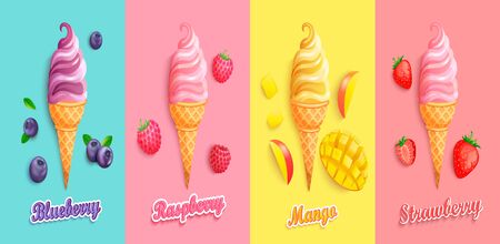 Set of strawberry,mango,blueberry and raspberry Ice creams.Sundaes with fruits and berries.Gelato for banner,poster,brand,template and label,packaging,packing,emblem and advertise.Vector illustration.のイラスト素材