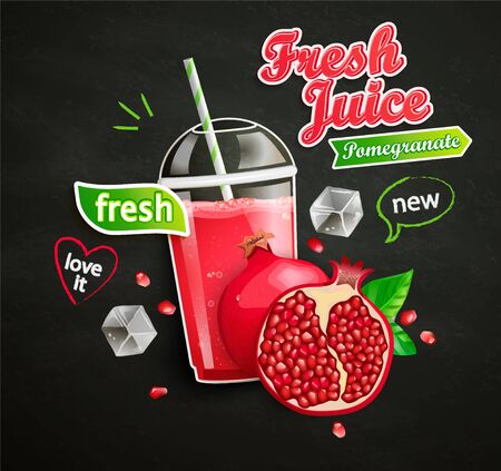 Fresh pomegranate juice banner with ice, fruit on blackboard background for brand,logo, template,label,emblem,store,packaging,advertising.Vector illustrationのイラスト素材