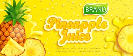 Fresh pineapple juice banner with apteitic drops from condensation, fruit slice on cold background for brand,logo, template,label,emblem,store,packaging,advertising.Vector illustrationのイラスト素材