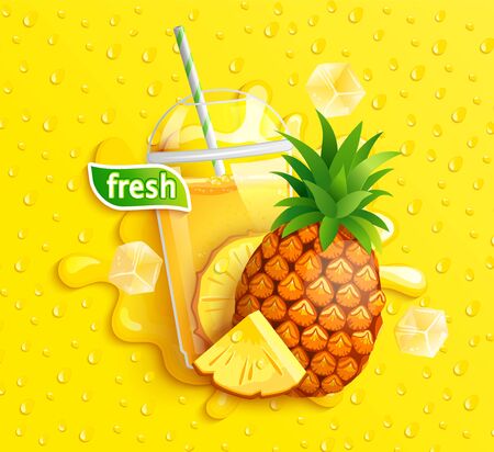 Fresh pineapple juice to go banner with apathetic drops from condensation,tasty fruit slice on yellow background for brand, template, label, emblem, store, packaging, advertising.のイラスト素材