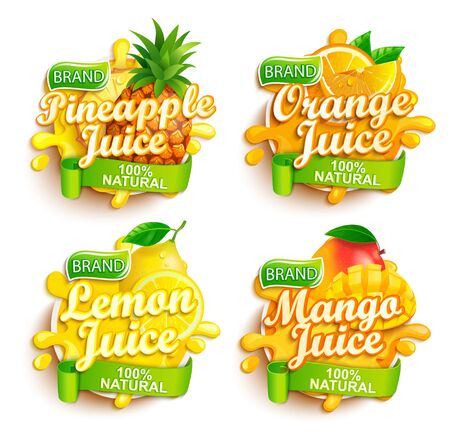Set of fresh juices logo. Pineapple, orange, lemon and mango sap label with splash, fruit slice on for brand,template,emblem,store,packaging,advertising.100 percent natural tropical juice.Vector.のイラスト素材