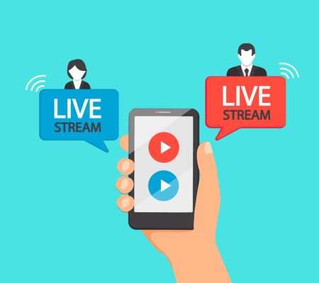 Live stream via mobile phone. Hand with smatphone with online meeting, broadcasting, tv, sport, news and radio streaming. Template for infographics, presentation or advertising. Vector illustration.のイラスト素材