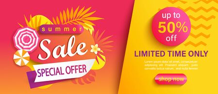 Hot Summer Sale banner, special offer, up to 50 percent limited time discount, promotion,season promo with tropical leaves,sun umbrellas.Invitation for shopping, template for design,flyer.Vectorのイラスト素材