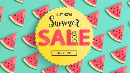 Bright Sale banner for summer 2020 with watermelons.Just now 50 percent discounts in hot season,sweet berries pattern.Poster,flyer with invitation to shopping.Template for design.Vector Illustration.のイラスト素材