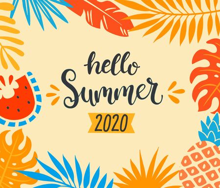Hello summer 2020 tropical greeting banner. Invitation for hot season poster with tropical lives and fruits, watermelon and pineapple.Template for flyers, cards, design.Vector Illustration.のイラスト素材