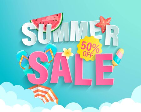 Summer's 2020 sale banner with hot season elements. Invitation poster with watermelon, ice cream and promotion with big discounts above the clouds.Template for design.Vector Illustration.のイラスト素材