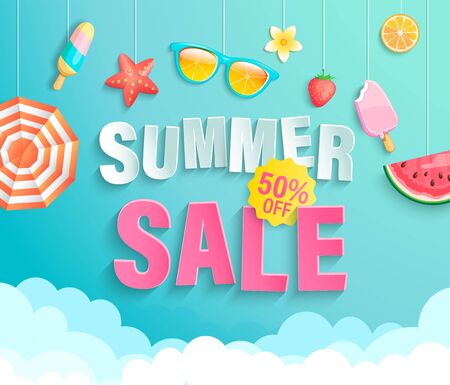 Summer's 2020 sale banner with season elements.Invitation poster with watermelon,ice cream,strawberry and promotion with big discounts hanging above the clouds.Template for design.Vector Illustration.のイラスト素材