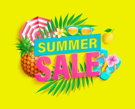 Bright sale banner for summer 2020 shopping on yellow background.Just now big discounts invitation card with pineapple,tropical leaves,sunglasses,lemon.Template for design,flyers.Vector Illustrationのイラスト素材