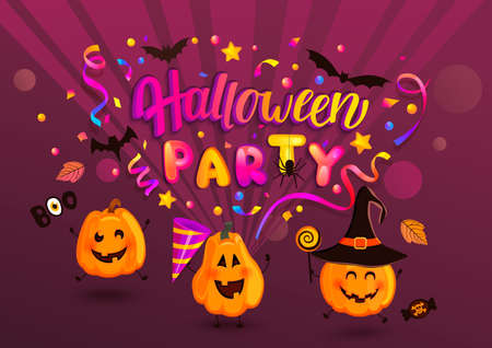 Halloween party greeting banner for kids for Happy holiday with monster pumpkins, bat, spiders and confetti. Template for web,poster,flyers, ad,promotions, blogs.Vector illustration.のイラスト素材