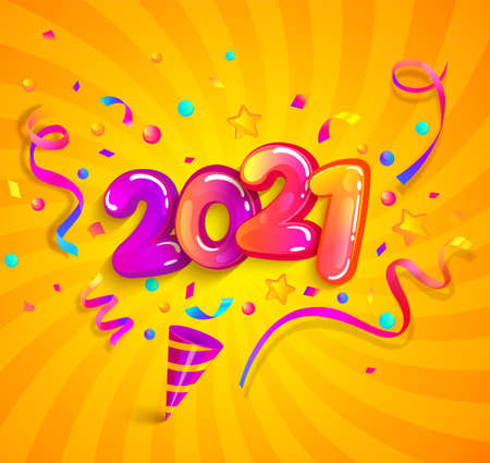 2021 new year greeting banner with inflatable numbers, cracker and confetti on sunburst background. Design template for celebration. Great for invitation flyers, posters, cards. Vector illustration.のイラスト素材