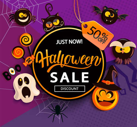 Halloween Sale Banner with scary characters on geometric background.Monster pumpkin,bat, spider and ghost invite to shopping with big discounts. Template for web,poster,flyers, ad,promotions.Vector.のイラスト素材