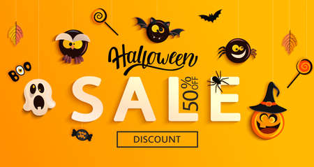 Halloween Sale Banner with scary characters hanging on the ropes.Monster pumpkin,bat, spider, owl and ghost promote big discounts on shopping. Template for web,poster,flyers, ad,promotions.Vector.のイラスト素材