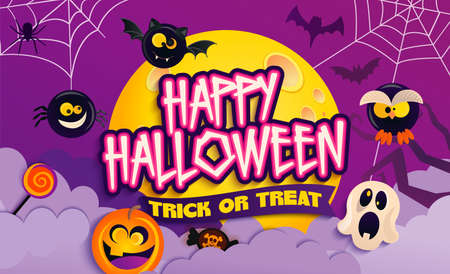 Happy Halloween Party Banner with scary characters above the clouds and against full moon.Monster pumpkin,bat, spider and ghost invite to holiday.Template for web,poster,flyers, ad,promotions.Vector.のイラスト素材