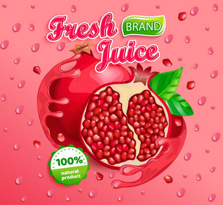 Fresh pomegranate juice label with splash around the fruit slice with apteitic drops from condensation on background for brand, label,emblem,packaging,ad.100 percent natural garnet juice.Vectorのイラスト素材