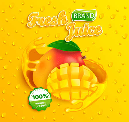 Fresh mango juice label with splash around the fruit slice with apteitic drops from condensation on background for brand,logo,label,emblem,packaging,ad.100 percent natural sap.Vector illustration.のイラスト素材