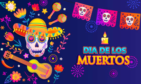 Bright banner for Day of the dead, Mexican Dia de los muertos, poster with colorful flowers,flags, skull in sombrero, guitar, maracas and place for text.Party flyer, greeting or invitation card.Vectorのイラスト素材
