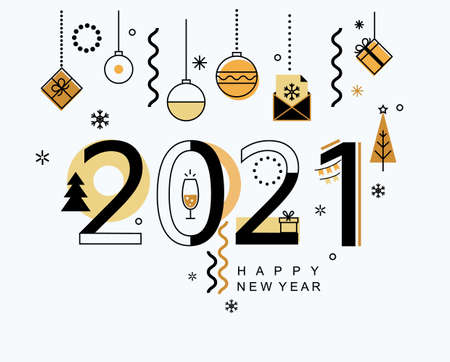 2021 new year banner with gold holiday elements on light background.Modern design card, poster with christmas balls,fur-tree and gifts, wishing happy party.Great for web,invitations, flyers,greetings.のイラスト素材