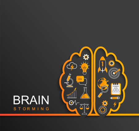 Brainstorming concept with science and business icons. Left and right brain with symbols inside - bulb,rocket, infographic, chemical, target, speech bubble. Vector illustration.のイラスト素材