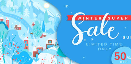 Winter sale card with fall wintertime landscape: trees, houses, mountain.Big discounts in new season with panoramic of countryside. Banner, poster, card with clearance.Vector illustration.のイラスト素材