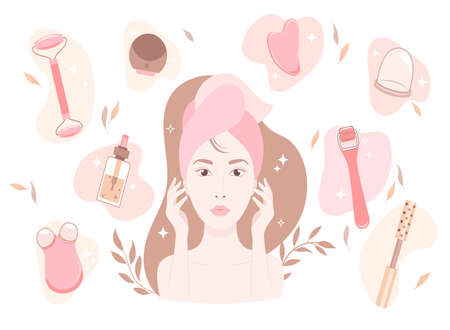 Silhouette of a womans face with beauty gadgets. Excellent female skin with a facial roller, massager. Chinese medicine recommends. Cosmetic self-care.Advertising a beauty salon.Vector illustration.のイラスト素材